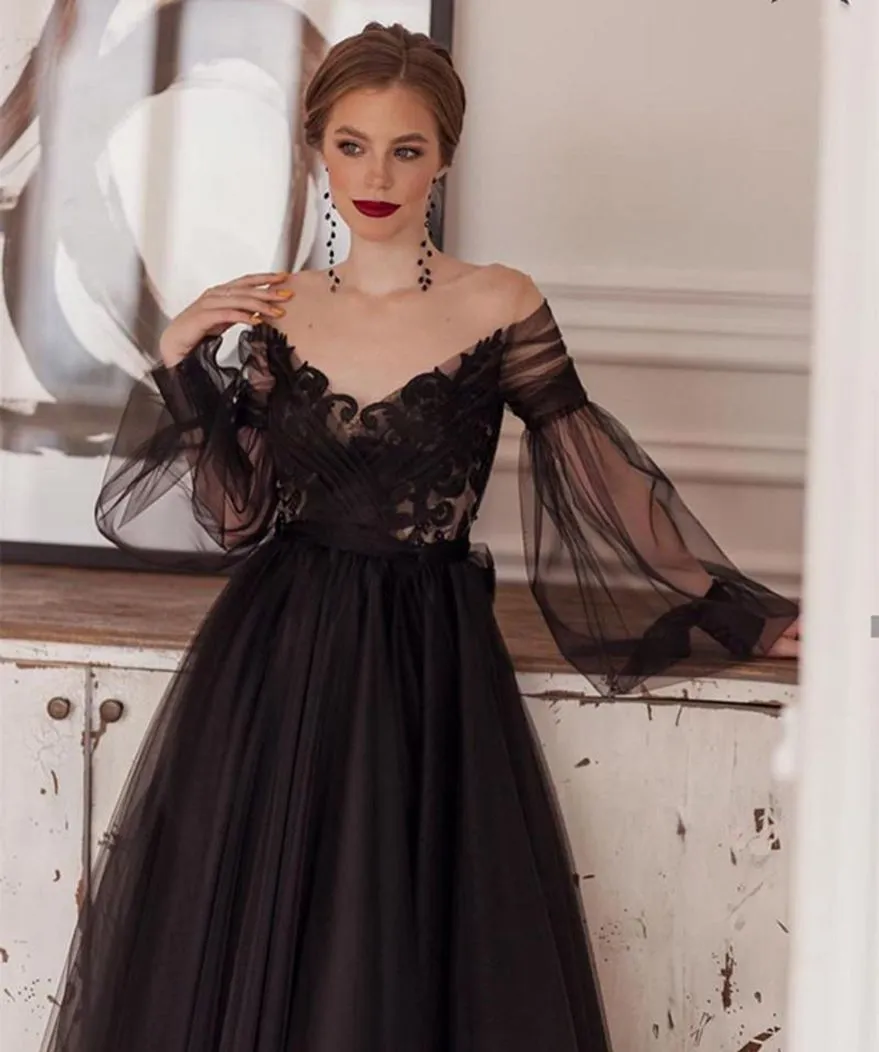 2024 Sexy Short Prom Dresses Vintage Off Shoulder Black Lace Appliques Illusion Long Sleeves A Line Plus Size Tulle Tea Length Cocktail Evening Gowns