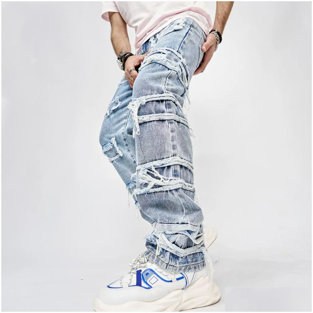 mens stacked jeans distressed destroyed straight denim pants streetwear clothes casual jean