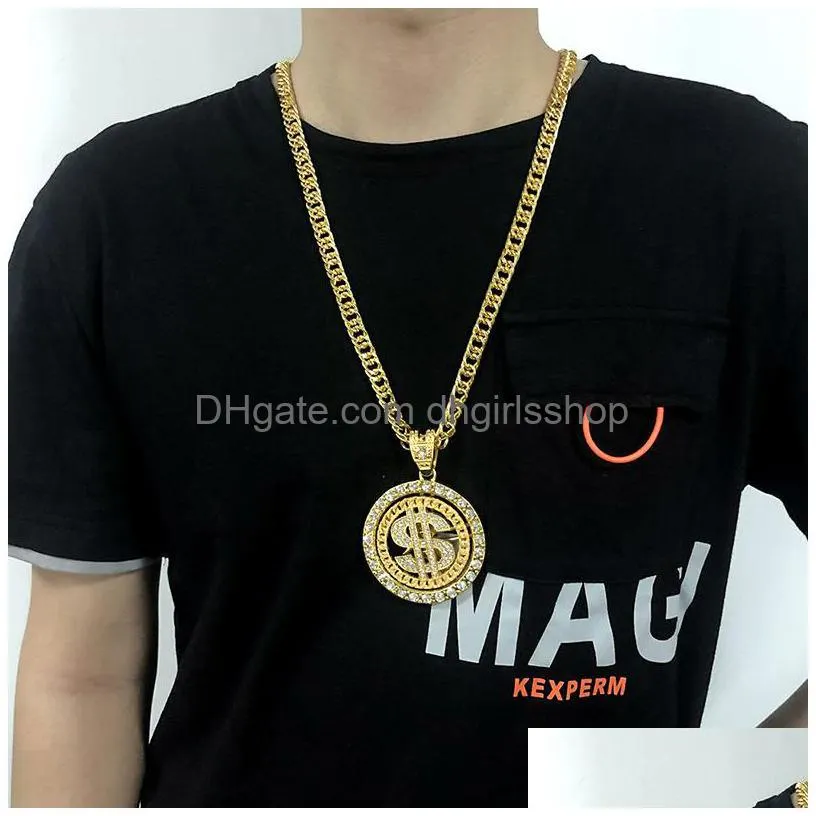 creative dollar pendant necklace diamond dollar rotatable metal necklacea hip hop party decoration fashion jewelry