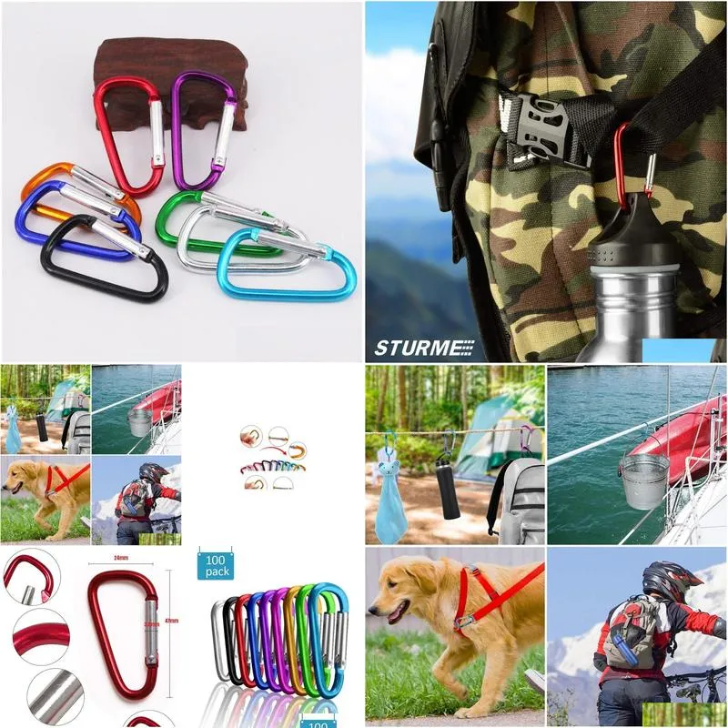 carabiners 100pcs carabiners clips aluminum d ring d shape spring snap keychain carabiner for outdoor camping hiking sport accessories