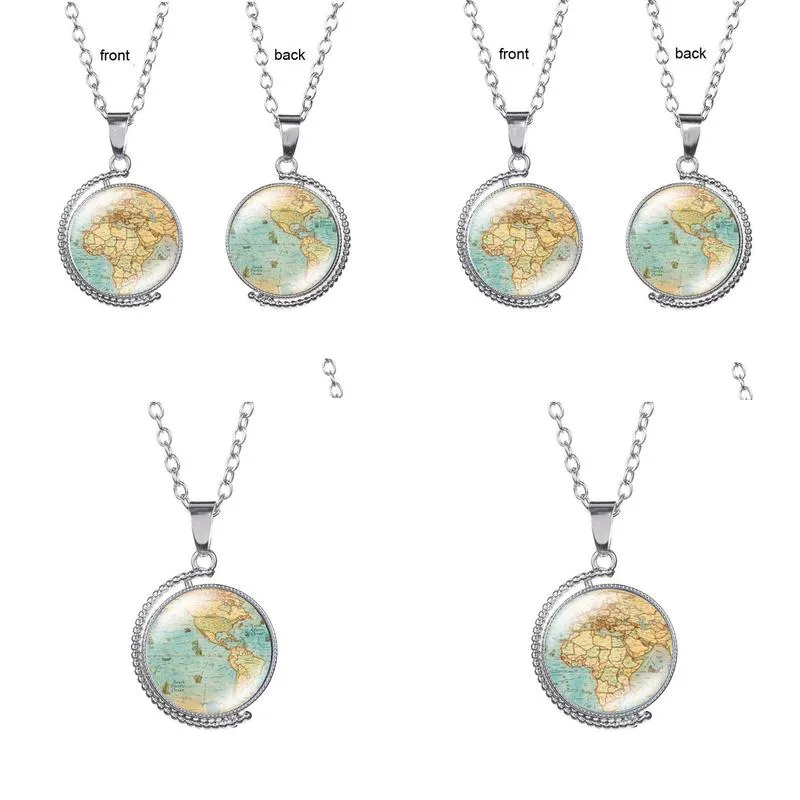 rotatable glass cabochon world map necklace time gem double sided pendant necklaces women children sweater chain fashion jewelry will and