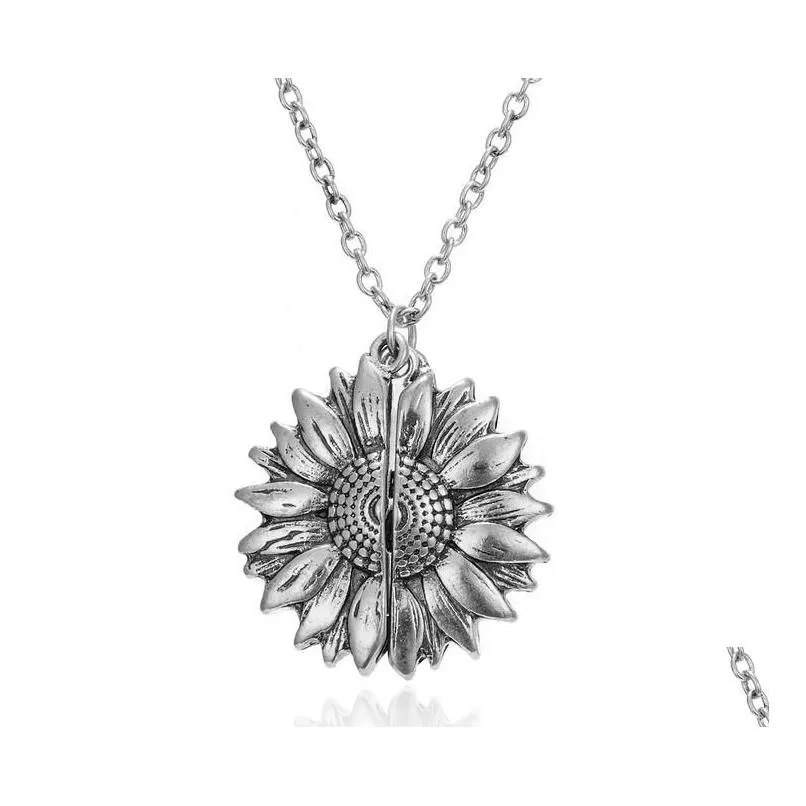 you are my sunshine sunflower necklaces for women gold open locket pendant long chain fashion inspirational jewelry gift wholesale