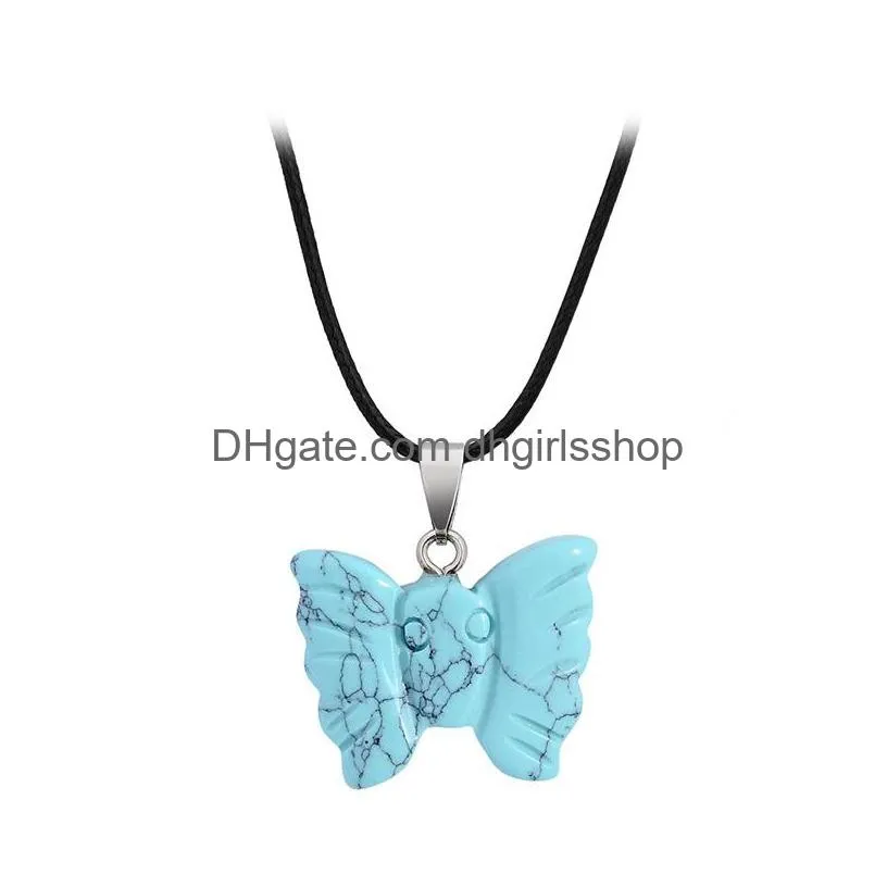 crystal stone butterfly pendant necklace hand carved natural gemstone necklaces ladies party fashion accessories whit chains