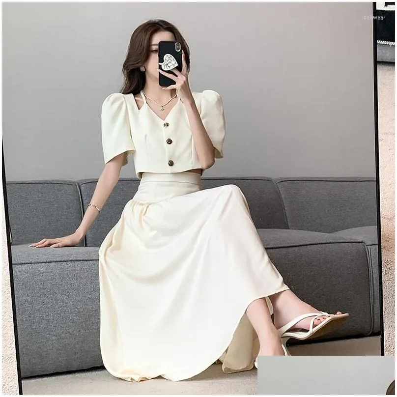 work dresses small fragrant french halter puff sleeve single breasted shirt high waist midi length skirt two piece set women outfit