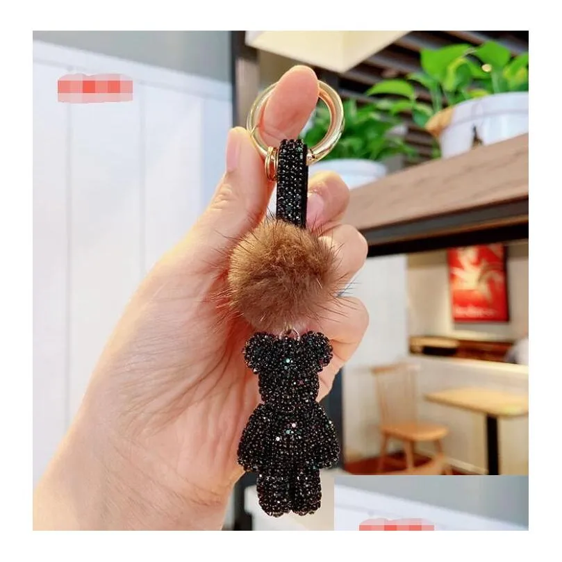 mink hair claw drill violent bear car key ring cute inlaid diamond bear doll bag pendant accessories gift gc94