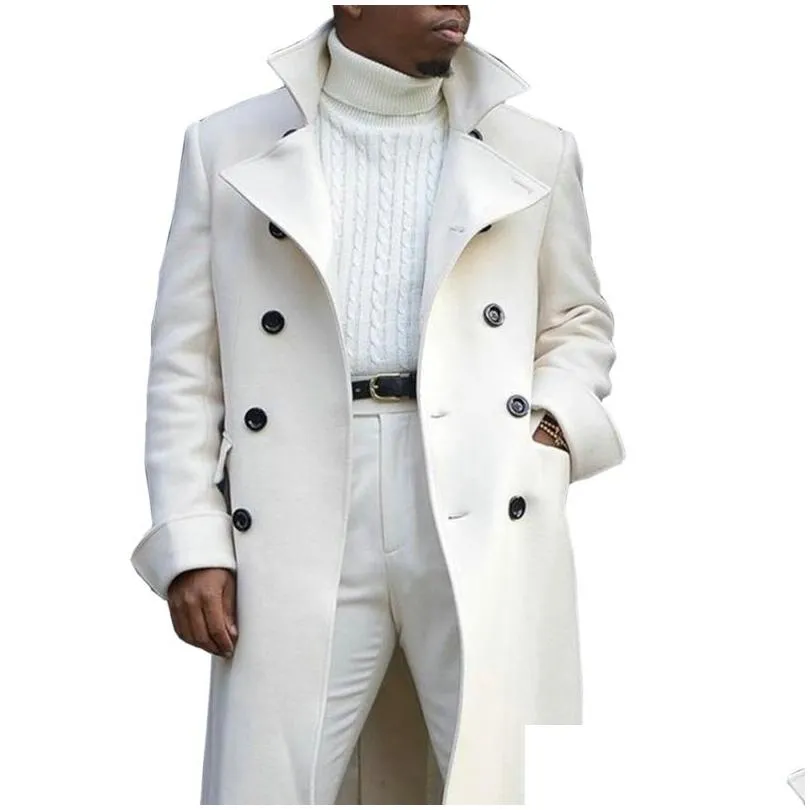 mens mens notch lapel coats double breasted long trench coat casual cotton blend peacoat fashion autumn winter loose coats