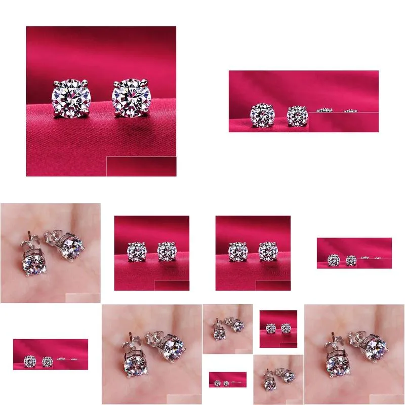 women men unisex classic cz diamond stud earrings 18k white gold silver wedding post earrings cz size 3mm 4mm 5mm 6mm 8mm 10mm