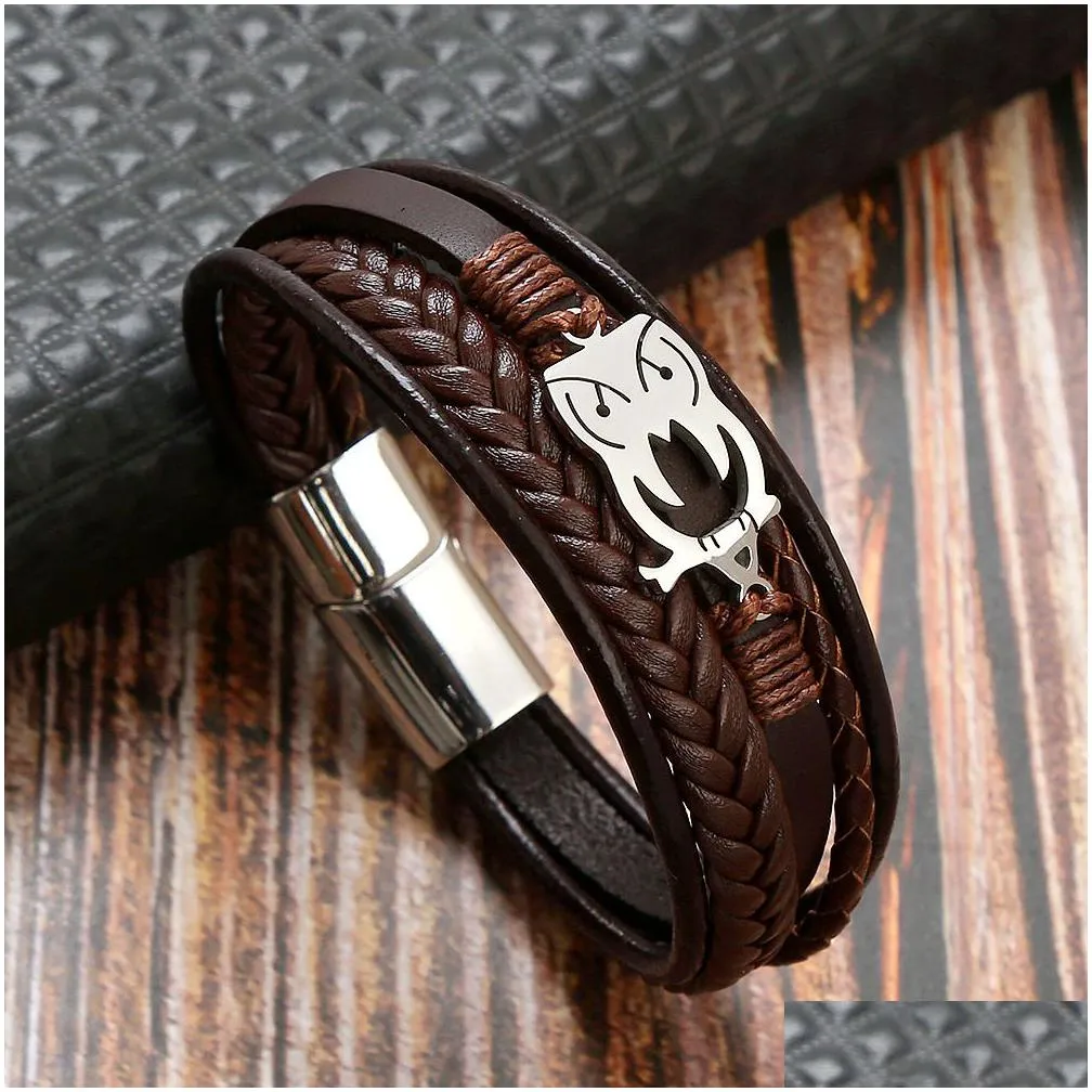 punk stainless steel owl charm bracelet mens titanium steel magnet buckle leather braided bracelet