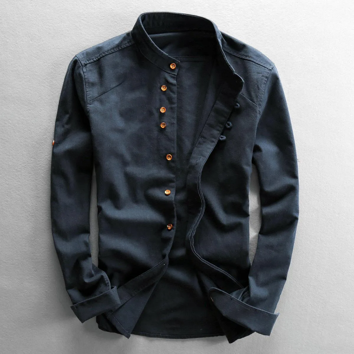 2023 autumn mens casual linen shirt retro chinese style standing collar slim cotton linen shirt cool night