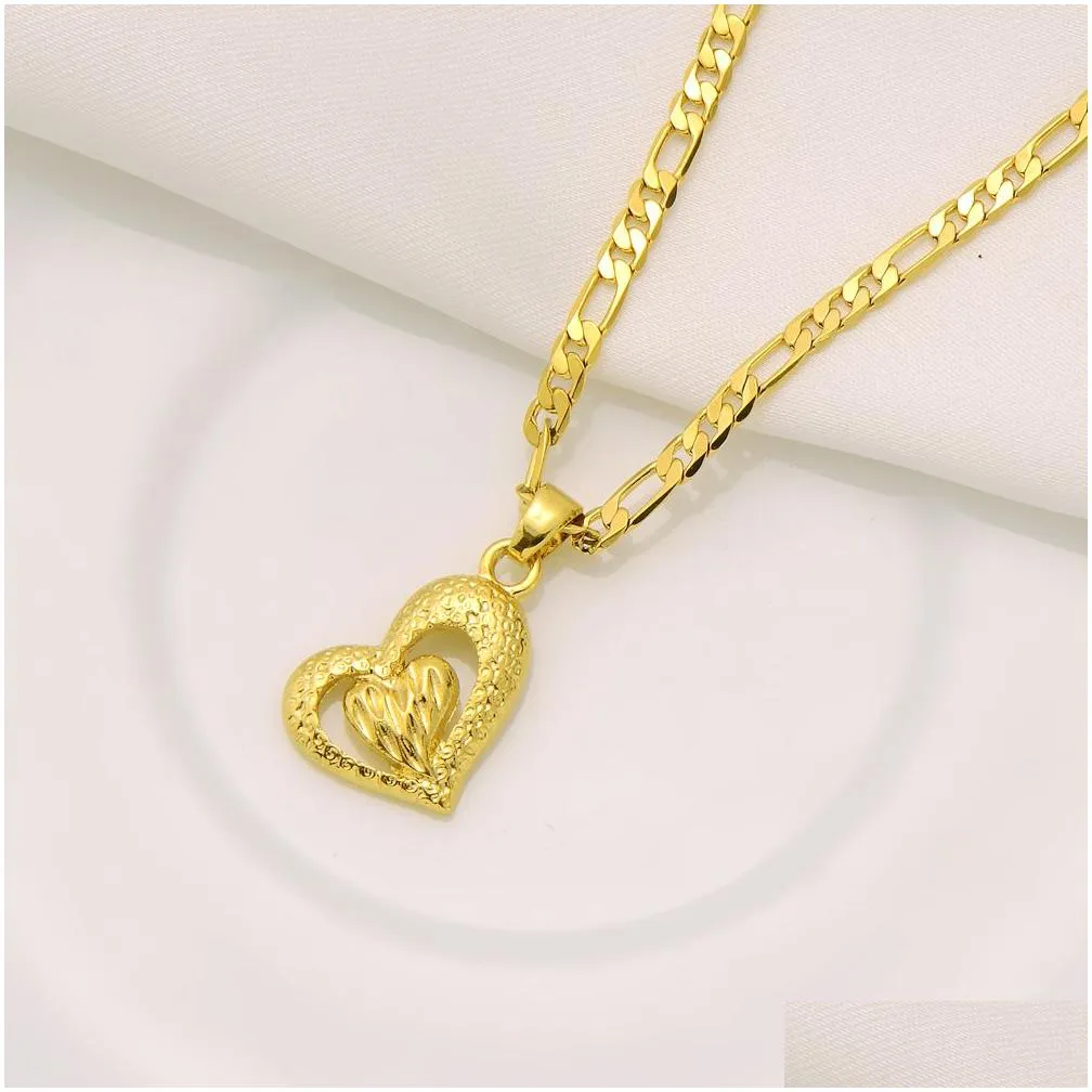 18k solid yellow gold gf  girl inside outside heart pendant italian figaro link chain necklace 24 3 mm