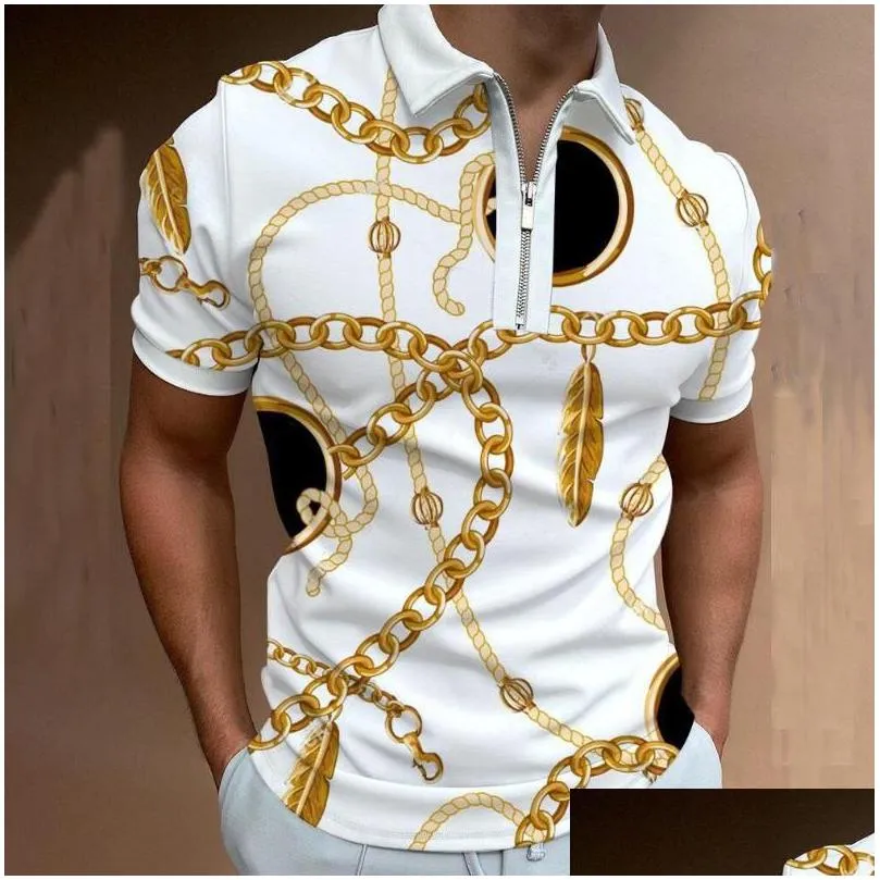 mens polos 2022 men shirts summer high quality casual fashion short sleeve striped s mens turn-down collar zippers tees