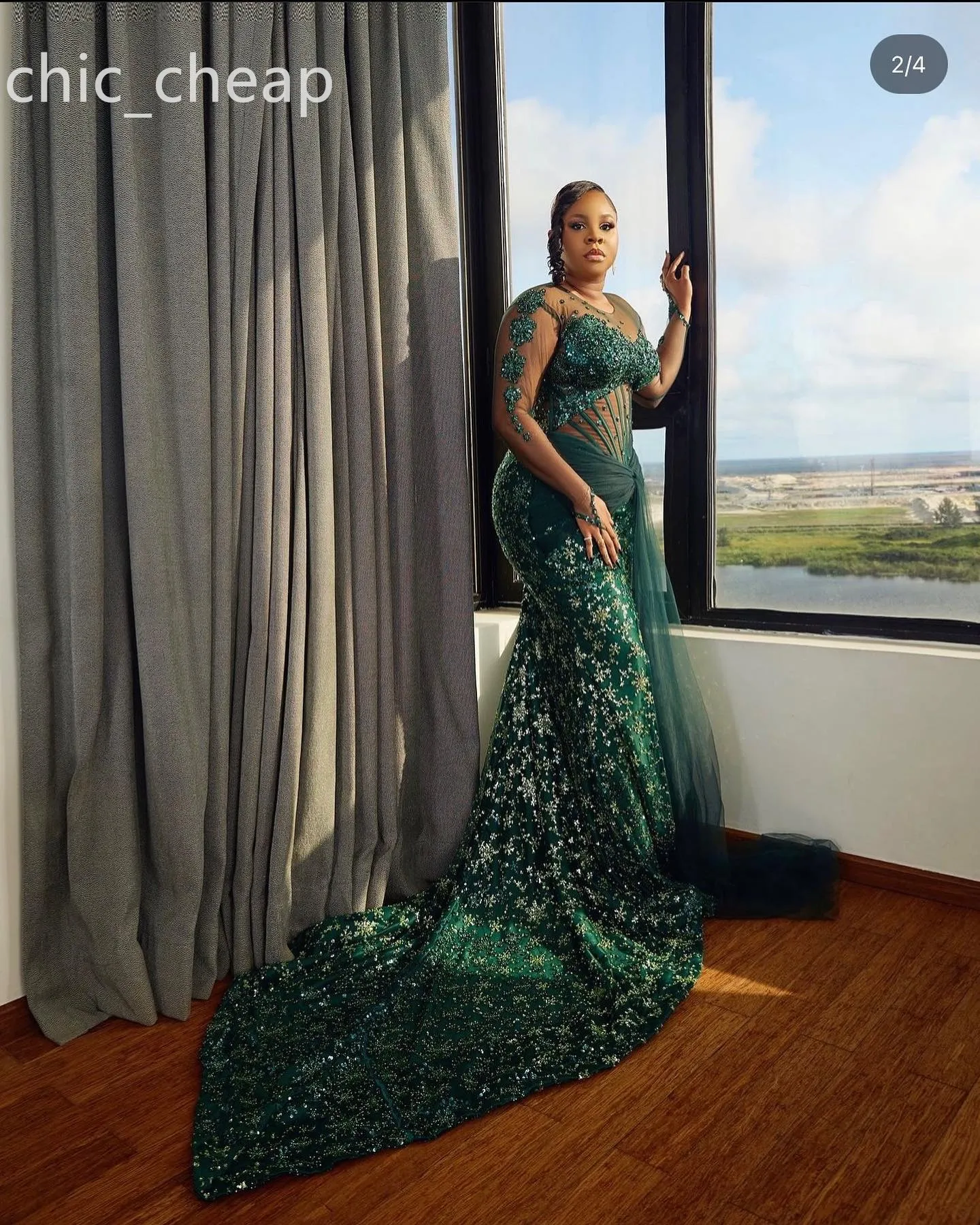 2024 Aso Ebi Dark Green Mermaid Prom Dress Crystals Beaded Sequined Evening Formal Party Second Reception Birthday Engagement Gowns Dresses Robe De Soiree ZJ404
