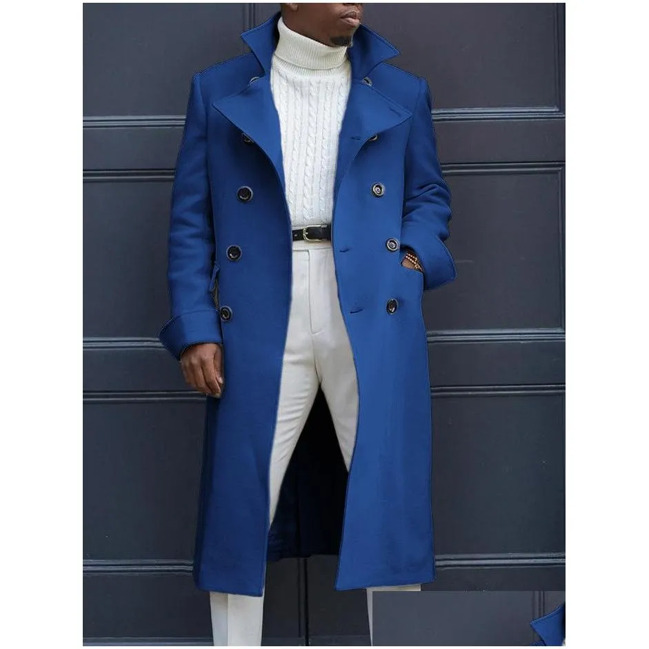 mens mens notch lapel coats double breasted long trench coat casual cotton blend peacoat fashion autumn winter loose coats