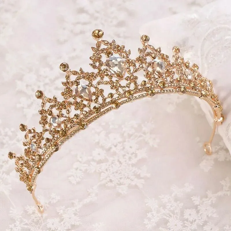 Champagne Gold Crystal Tiara Crown Wedding Bridal Headwear Birthday Prom Pageant J0121