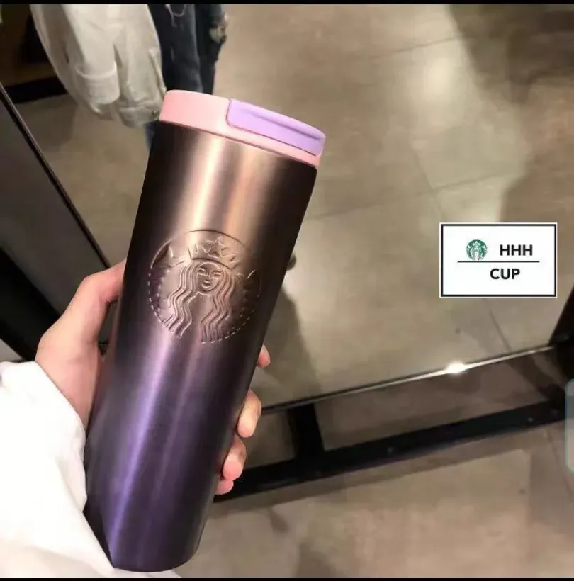 Tumblers Coffee Cup Portable Water Cup 304 Stainless Steel Accompanying Cup Car Cup Coffee Cup Straw Embossed Goddess Gradient Cup starbucks 401-500ml