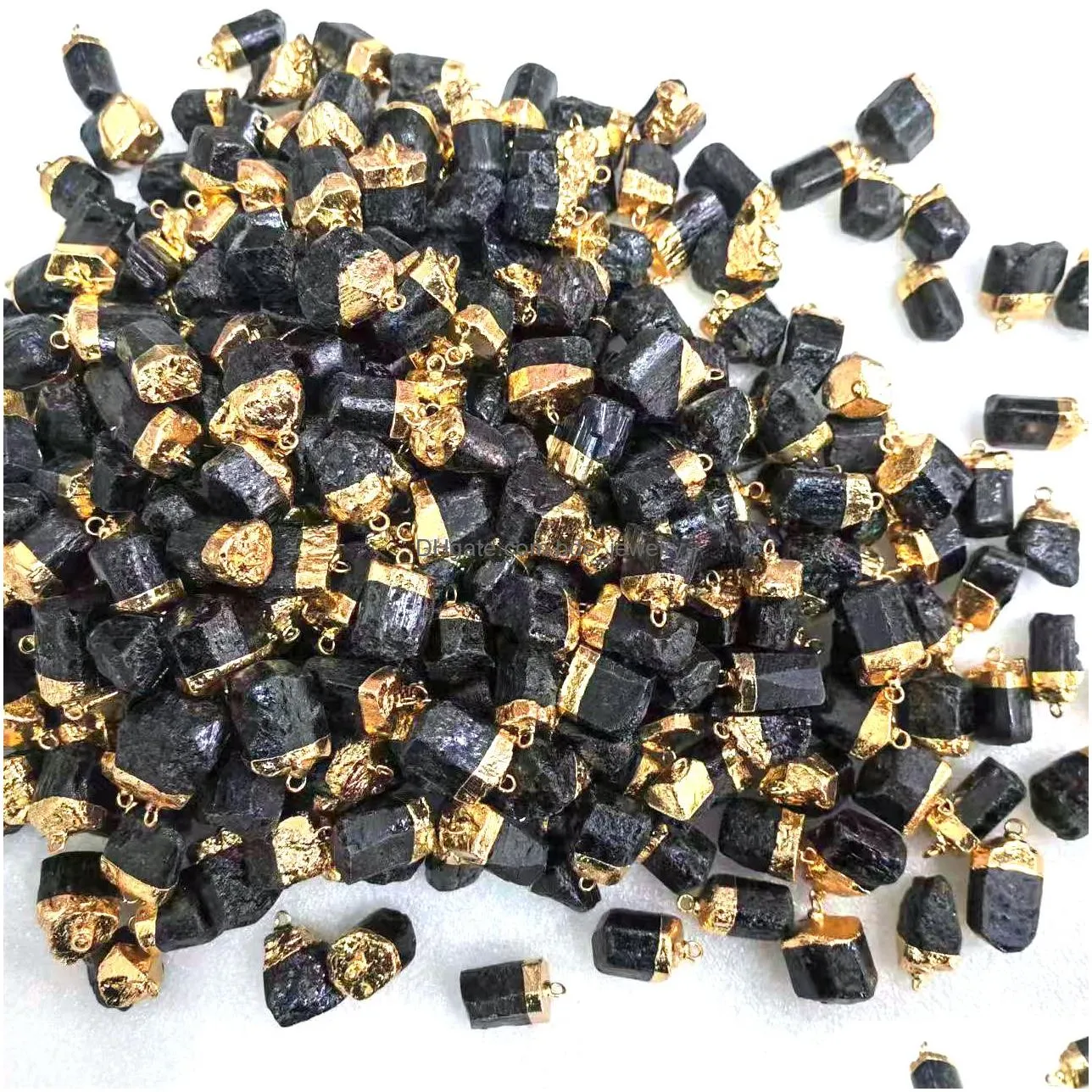 natural irregular tourmaline pendant black quartz gold edged charms energy stone healing meditation yoga gift
