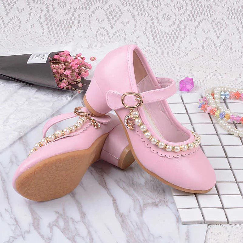 Sneakers Princess Girl Shoes Children High Heels Pink Child With Beading White Leather Party Girls Dress Mary Jane Louboutin Female ShoesHKD230701