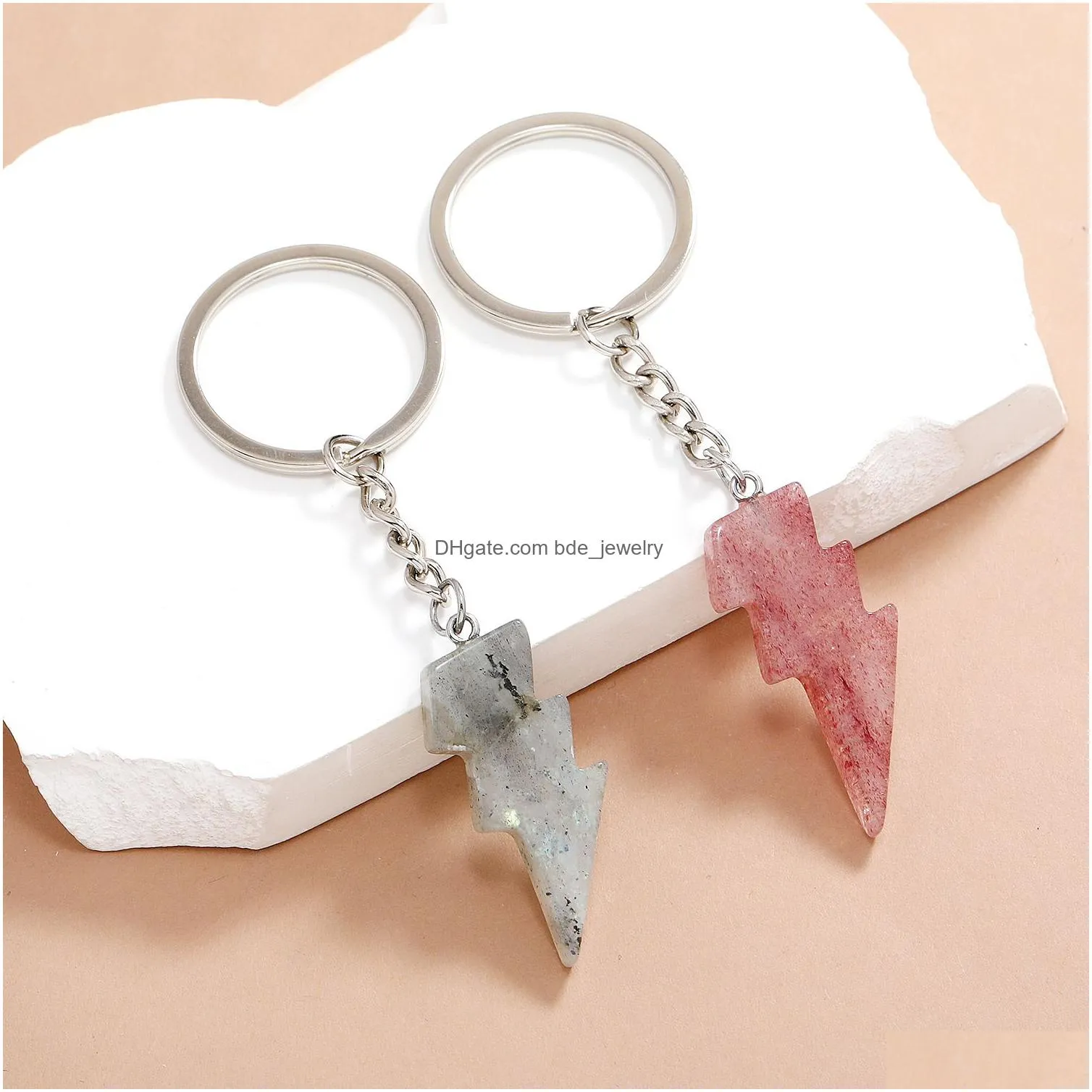 punk lightning shape pendant key ring opal crystal natural stone gem keychain for women men personality accessories