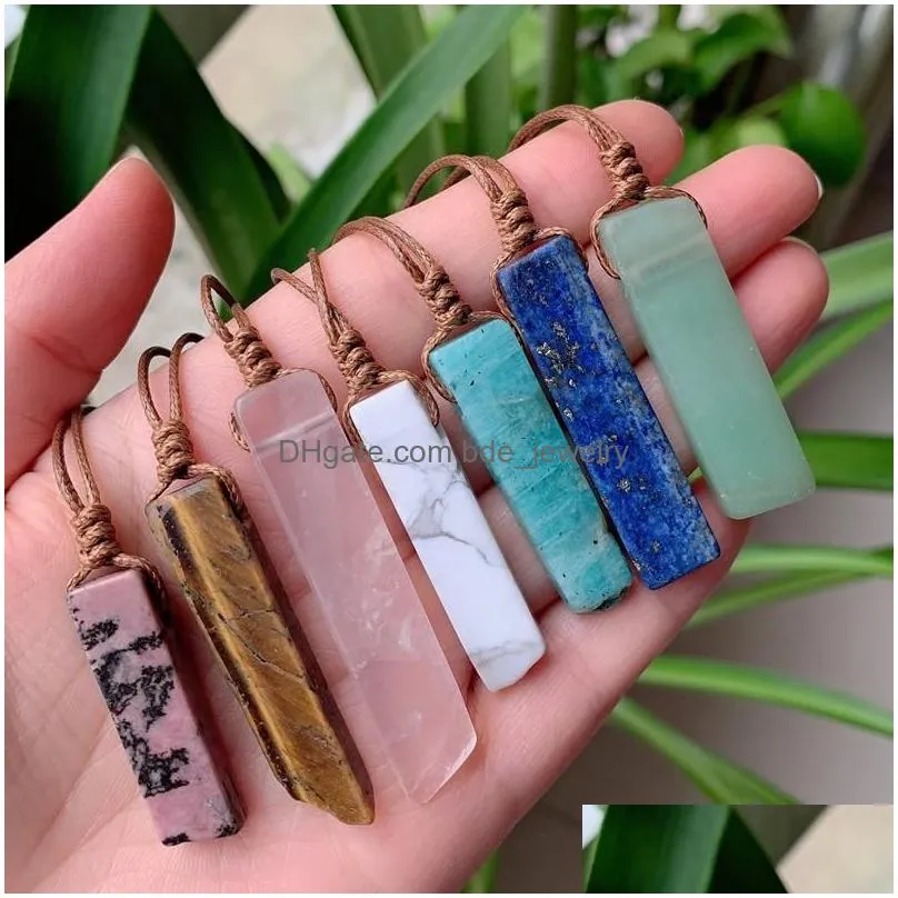 natural stone pendant raw mineral irregular rectangle quartz pendulum amazonite tiger eye lapsi crystals brown adjustable rope necklaces