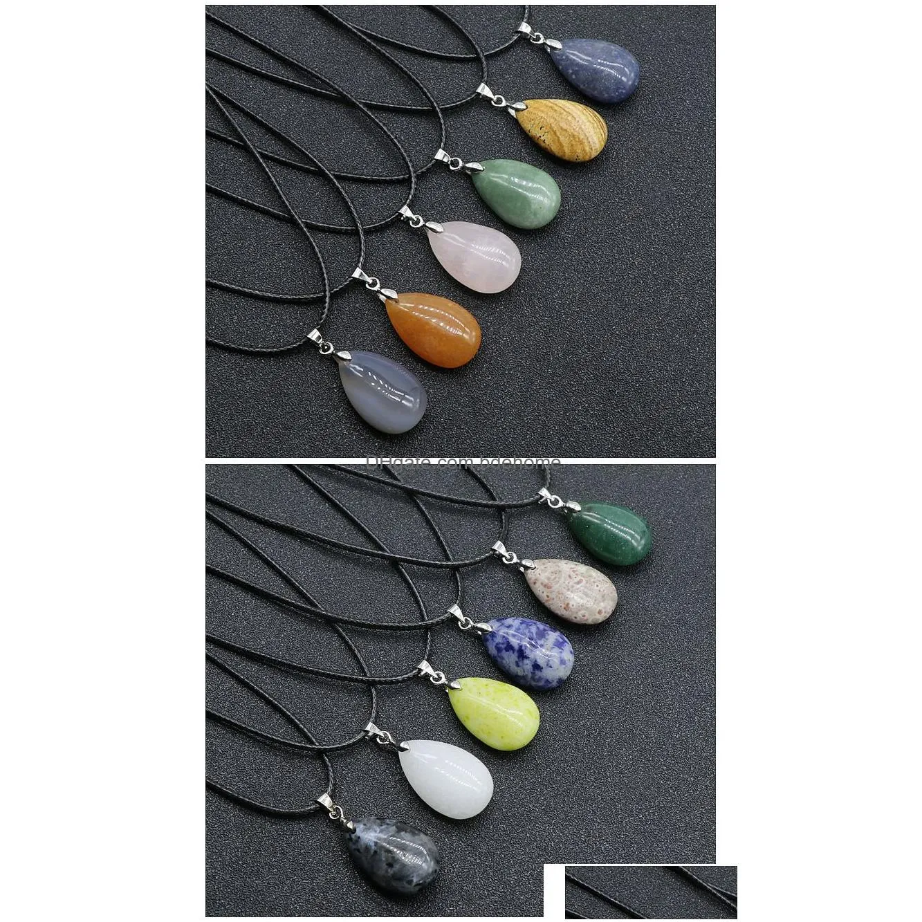 natural stone flat waterdrop shape pendant necklace jade quartz healing crystal rope chain collar for women fashion jewelry