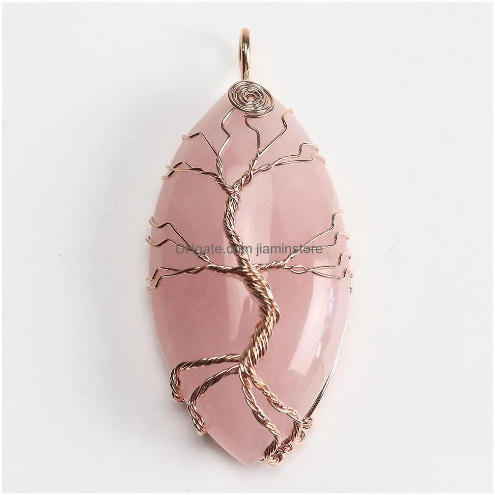 oval natural stone healing crystal tree of life charms waterdrop pendants rose quartz wire wrapped trendy jewelry making necklaces