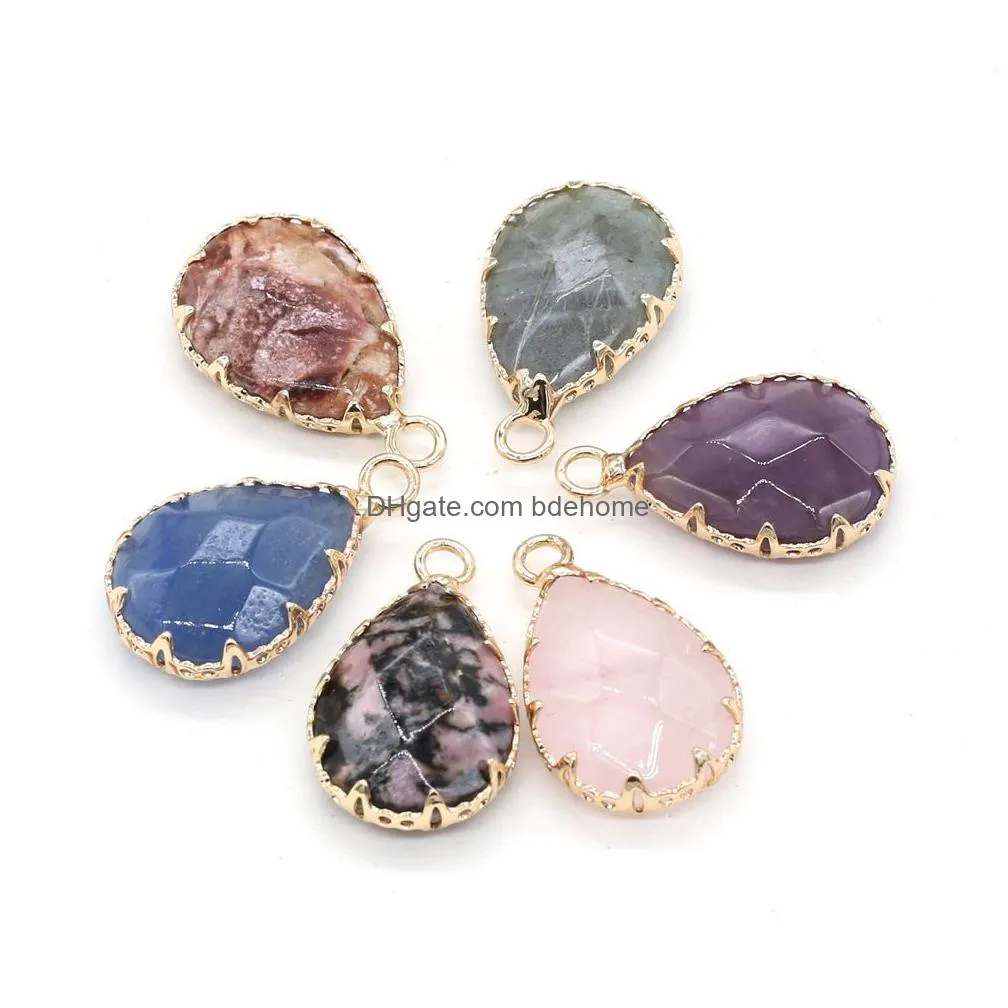 gold claw edge healing waterdrop natural stone charms rose quartz crystal pendant diy necklace women fashion jewelry finding 15x20mm