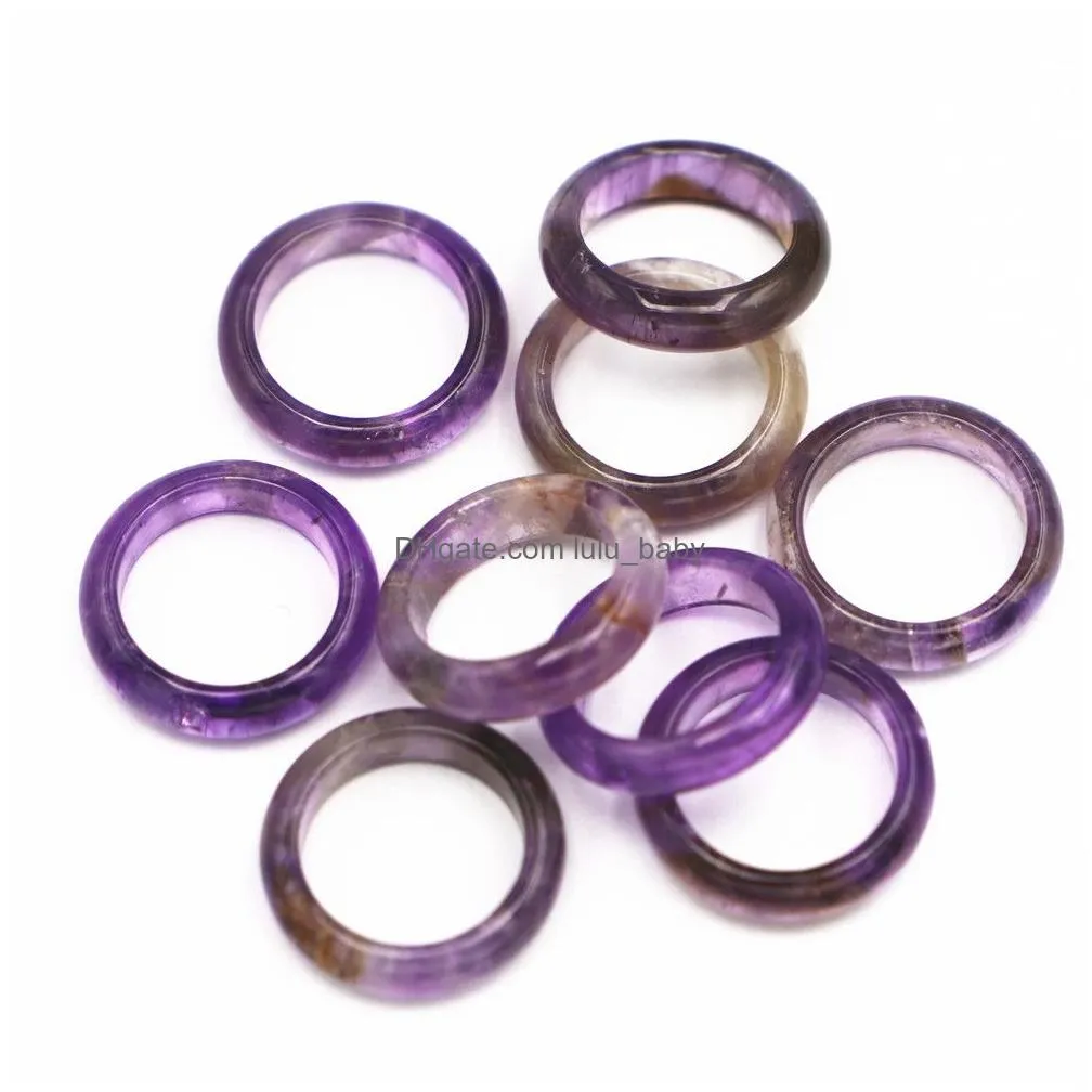 wide 6mm band natural amethyst pink crystal stone ring bulk thin smooth anxiety relief unisex healing jewelry gift wholesale r001