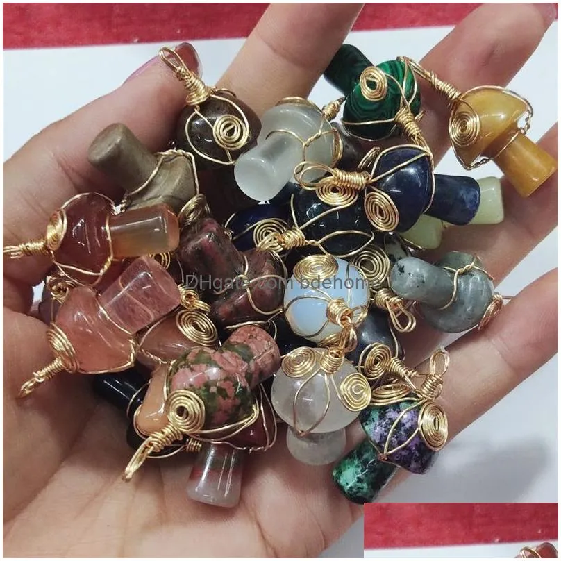 lots wire wrap mushroom charms stone quartz crystal agate pendant for necklace jewelry making