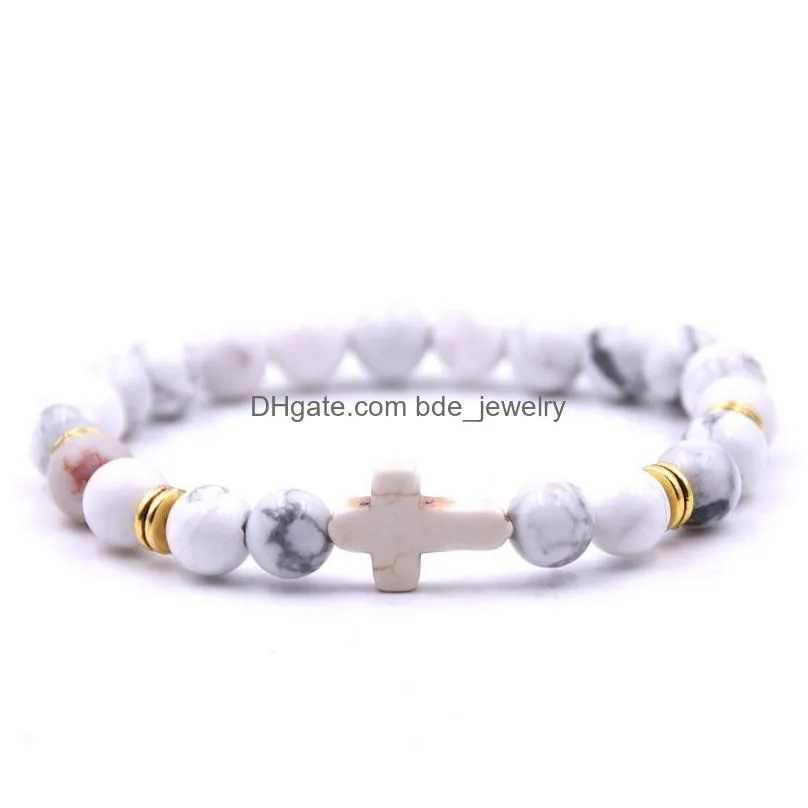 fashion 8mm natural stone strand cross charms bracelets for women elasticity yoga bangle men jewelry
