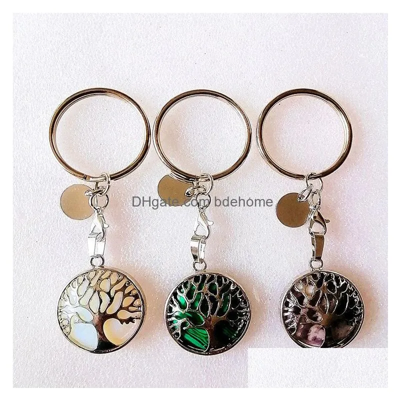 tree of life reiki healing natural stone keychains chakra amethyst pink rose crystal key rings women men jewelry