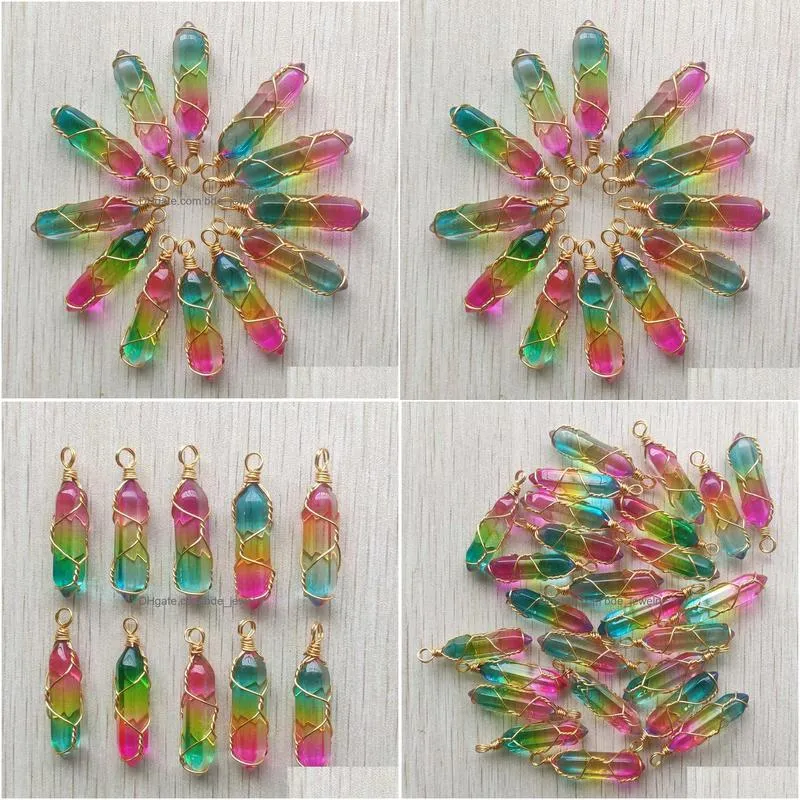 3 colors glass hexagon prism charms handmade copper wire pillar shape pendants for jewelry making