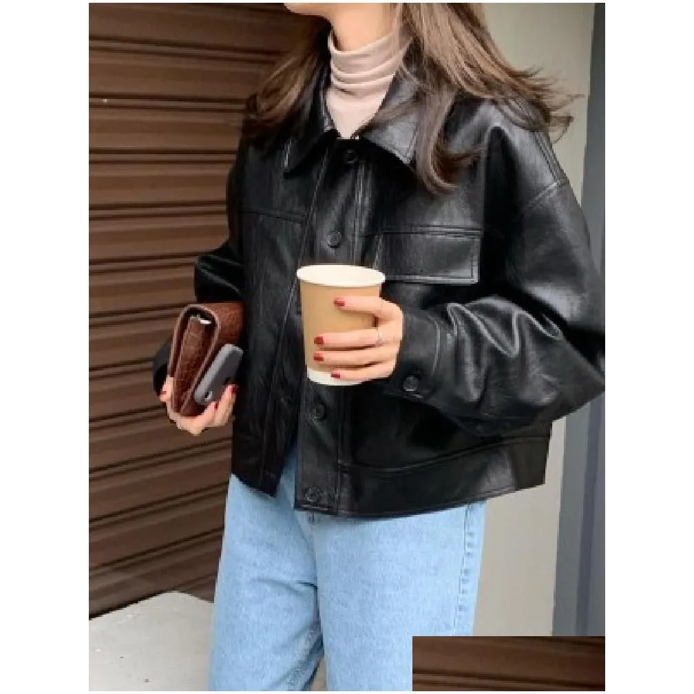 yiciya womens jackets spring autumn faux leather jacket solid color loose single-breasted motorcycle casual streetwear