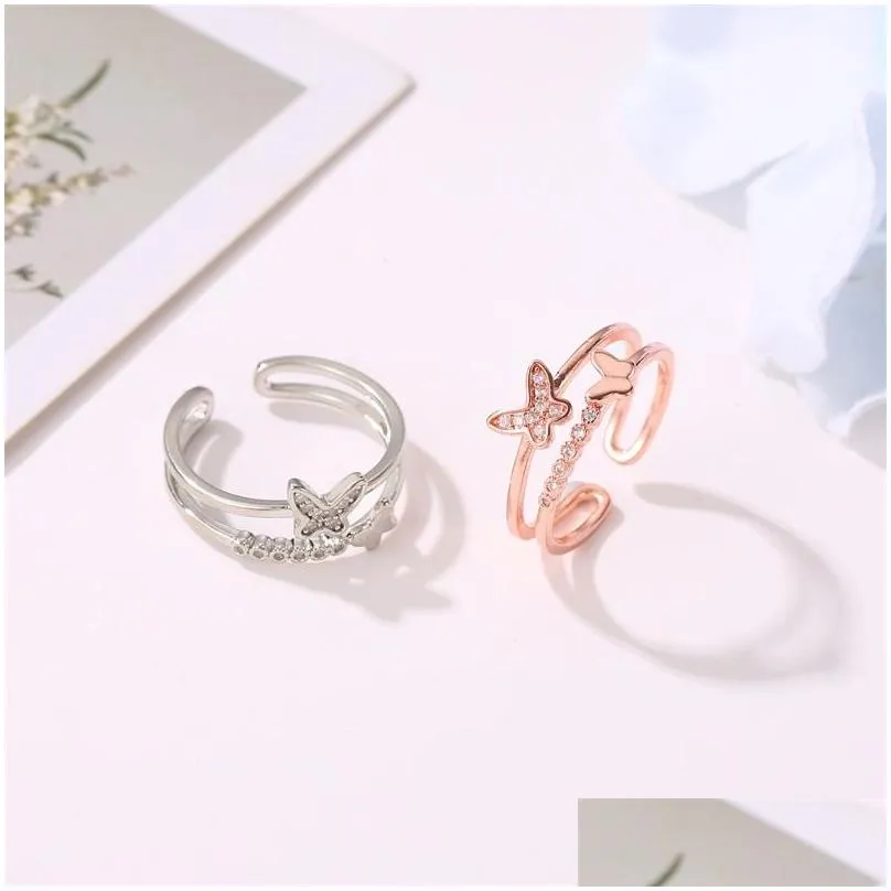 romantic wedding jewelry adjustable open rings rose golden crystal cubic zircon butterfly rings women engament gift