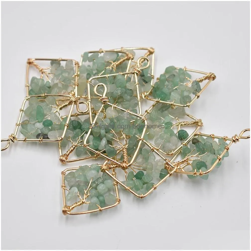 natural green aventurine stone tree of life charms handmade wire wrapped pendants for jewelry necklace marking