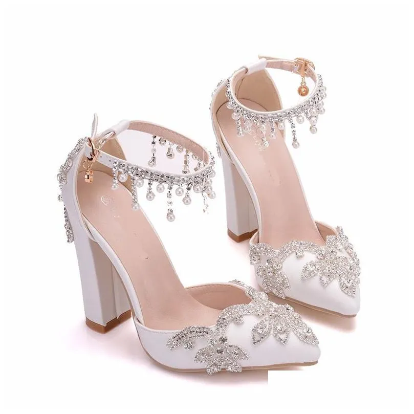 lady fashion single shoes white pointed toe wedding shoes rhinestone buckle straps women pumps chunky heel party prom heels2053278