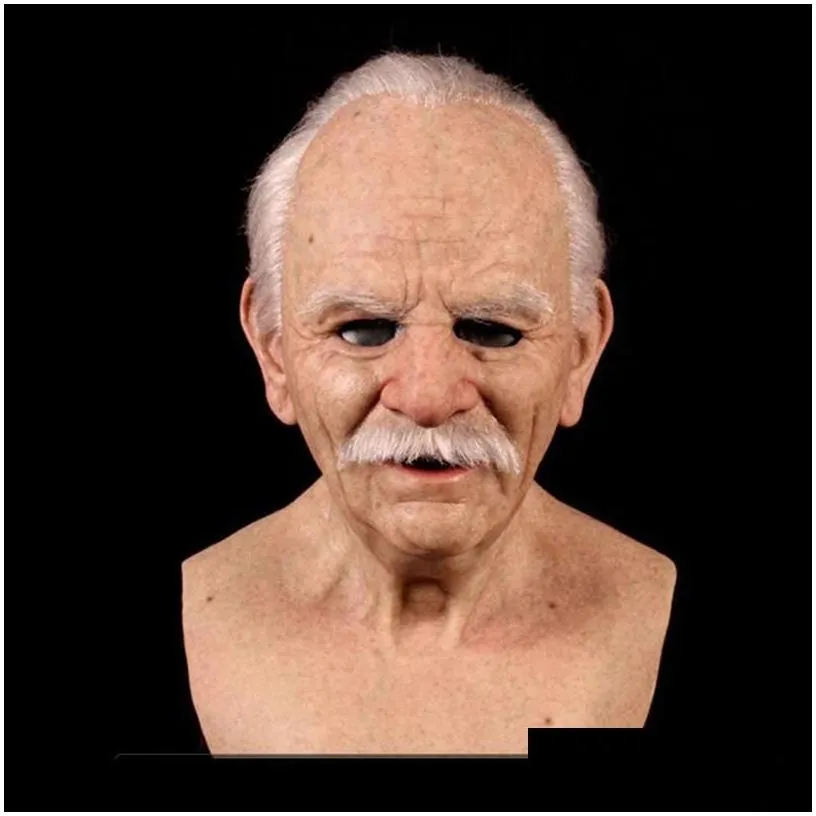 Party Masks Realistic Human Wrinkle Party Cosplay Scary Old Man Fl Head Latex Mask For Halloween Festival 220610 Drop Delivery 2022 H