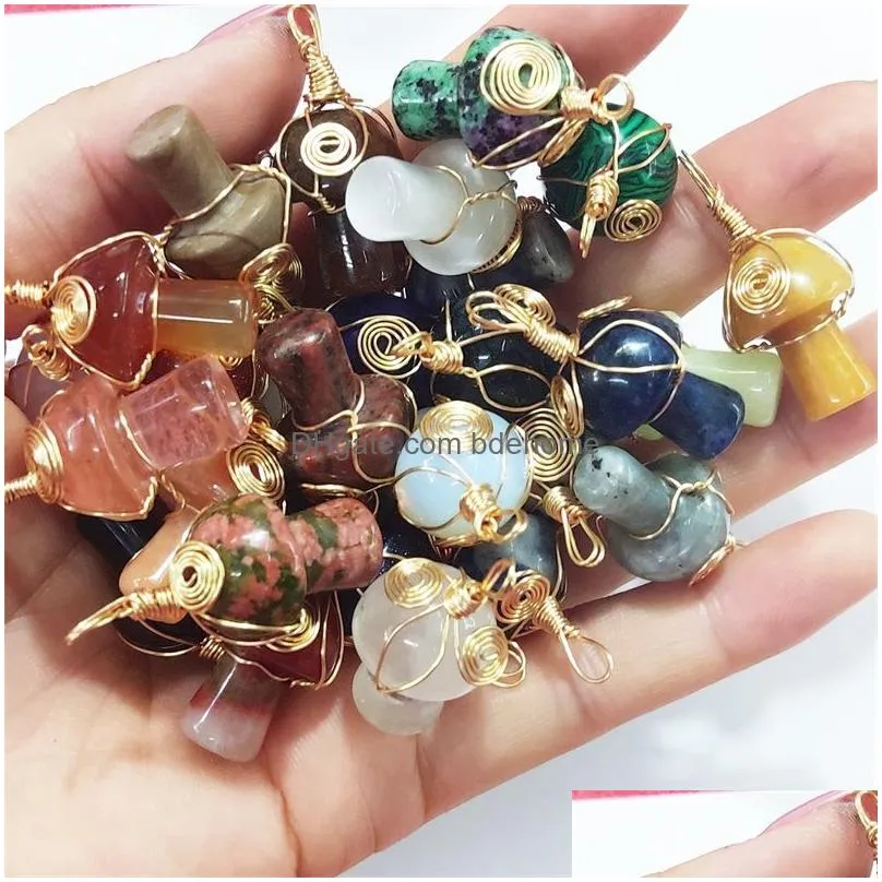 lots wire wrap mushroom charms stone quartz crystal agate pendant for necklace jewelry making