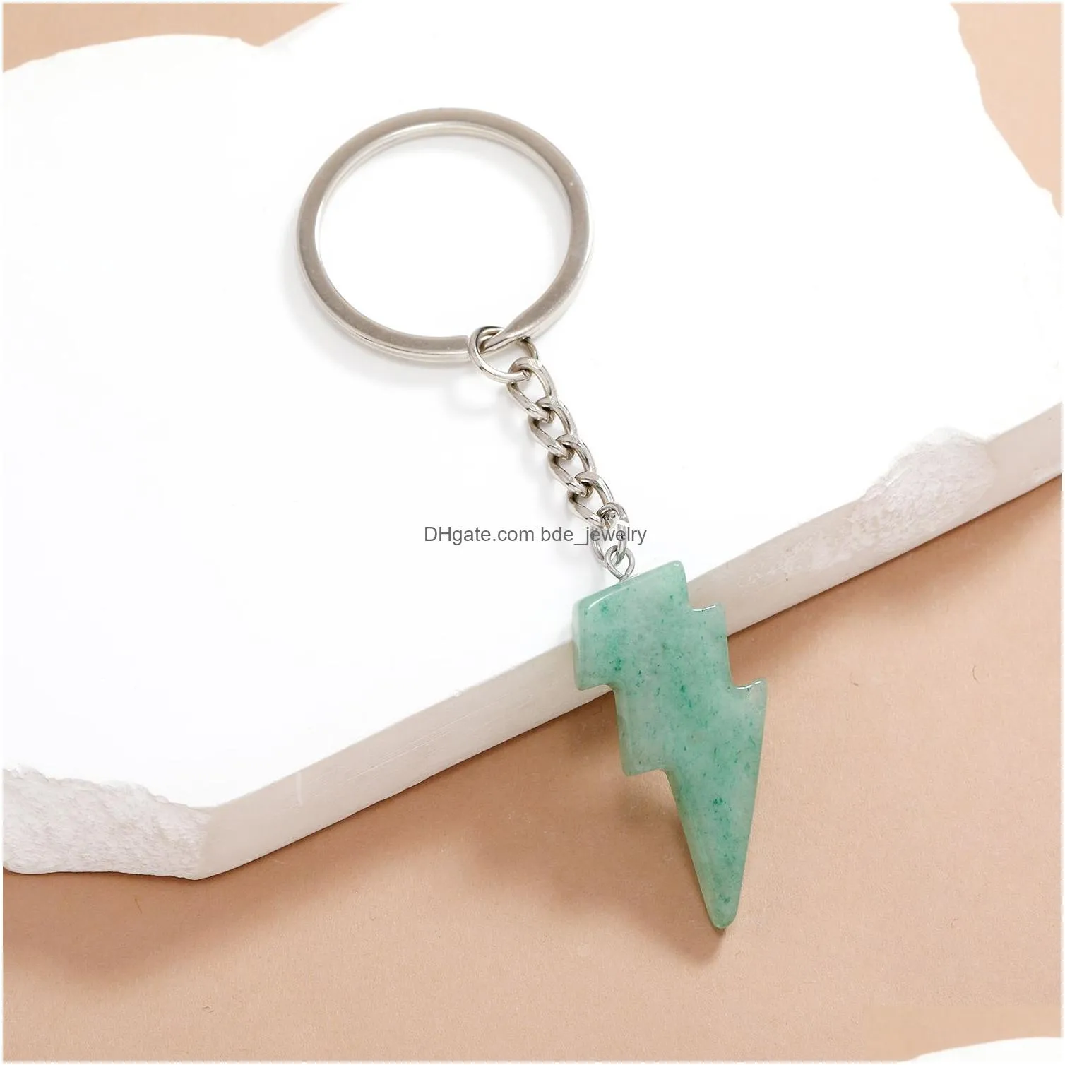 punk lightning shape pendant key ring opal crystal natural stone gem keychain for women men personality accessories