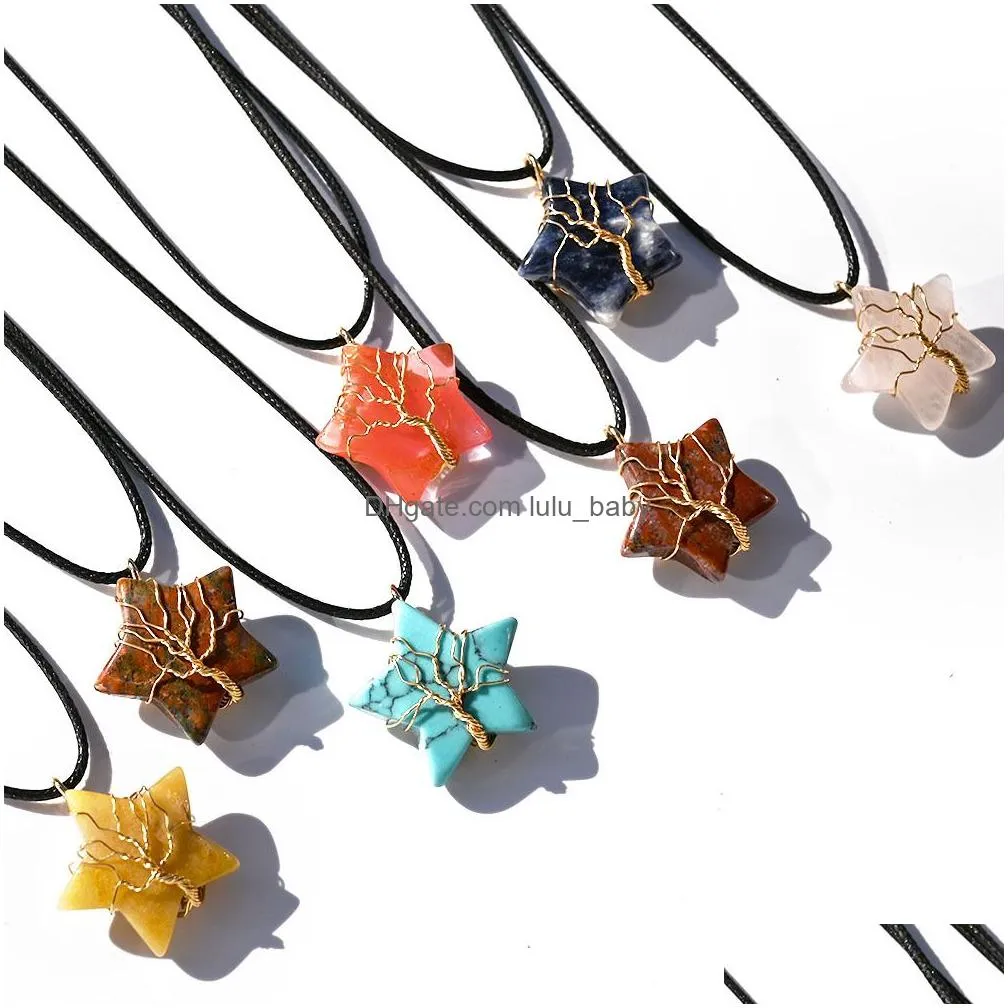 natural stone star shape pendant gold wire wrap tree of life mixed necklace jewelry accessories making wholesale