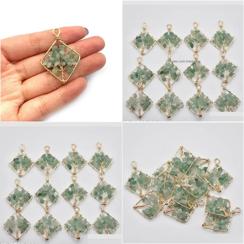 natural green aventurine stone tree of life charms handmade wire wrapped pendants for jewelry necklace marking