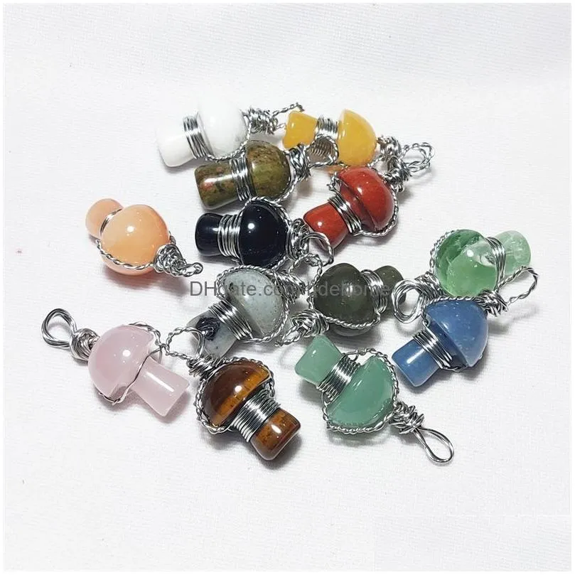 natural crystal stone charms copper wire wrap mushroom pendant quartz agates diy necklaces meditation energy jewelry acc