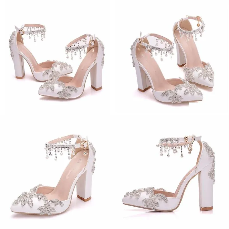 lady fashion single shoes white pointed toe wedding shoes rhinestone buckle straps women pumps chunky heel party prom heels2053278
