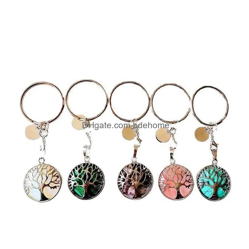 tree of life reiki healing natural stone keychains chakra amethyst pink rose crystal key rings women men jewelry