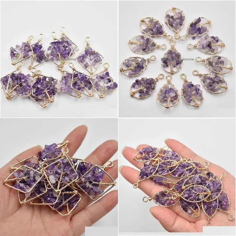 natural amethyst tree of life charms handmade wire wrapped pendants for jewelry necklace marking