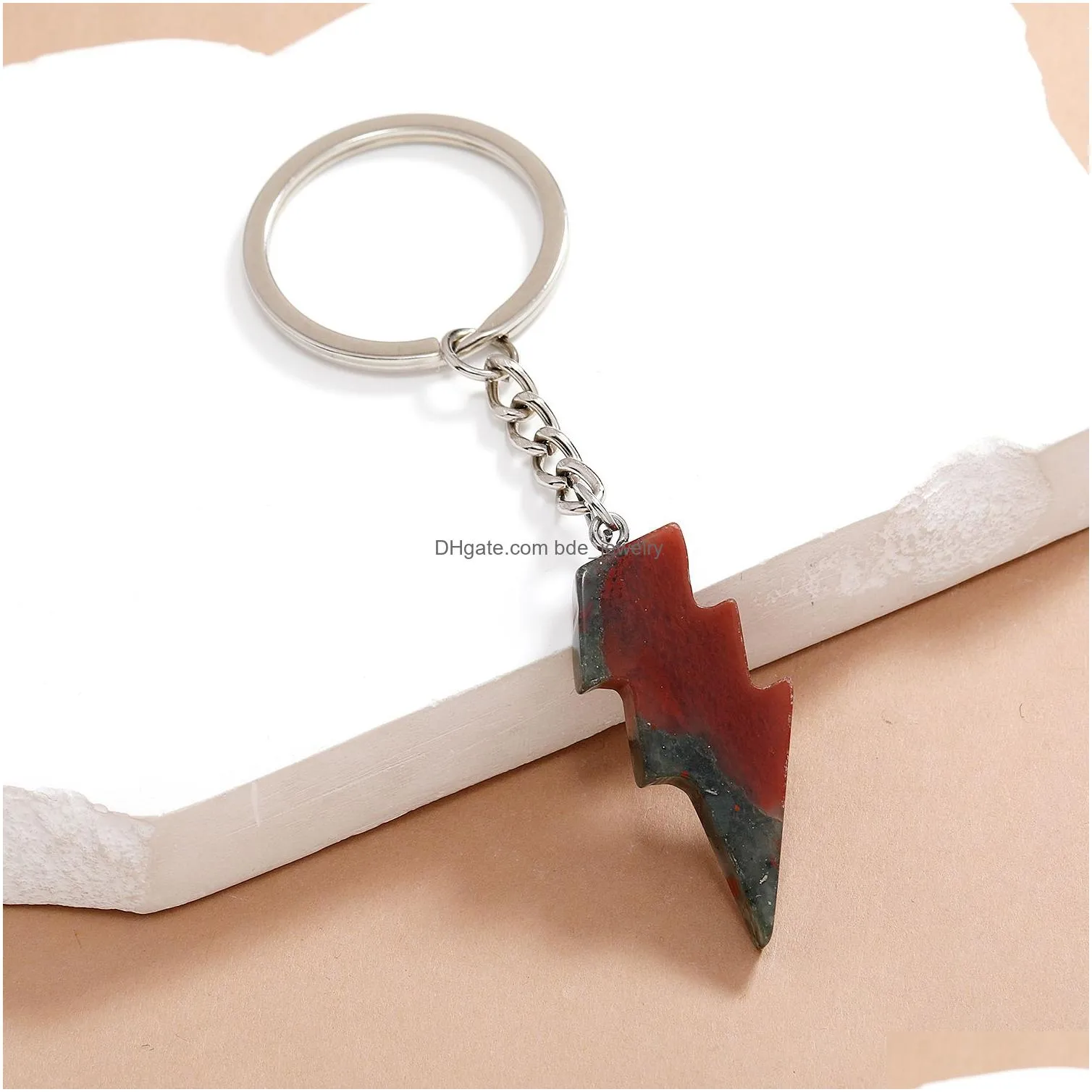 punk lightning shape pendant key ring opal crystal natural stone gem keychain for women men personality accessories