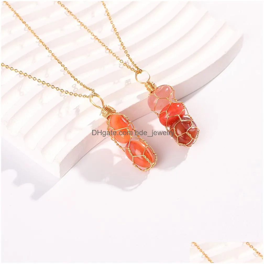 natural irregular red agate chip stone beads pendant gold winding net necklace for women men