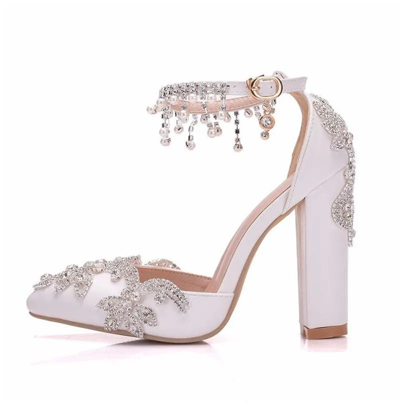 lady fashion single shoes white pointed toe wedding shoes rhinestone buckle straps women pumps chunky heel party prom heels2053278