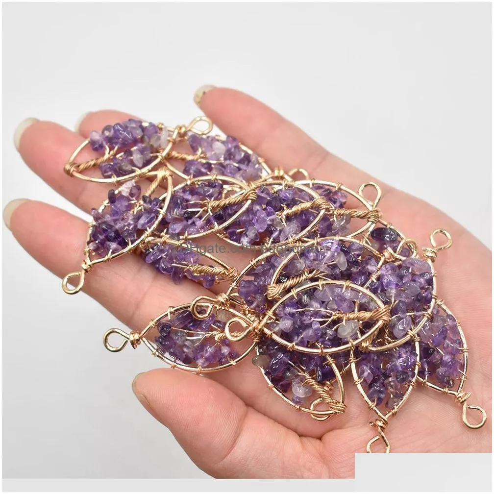 natural amethyst tree of life charms handmade wire wrapped pendants for jewelry necklace marking