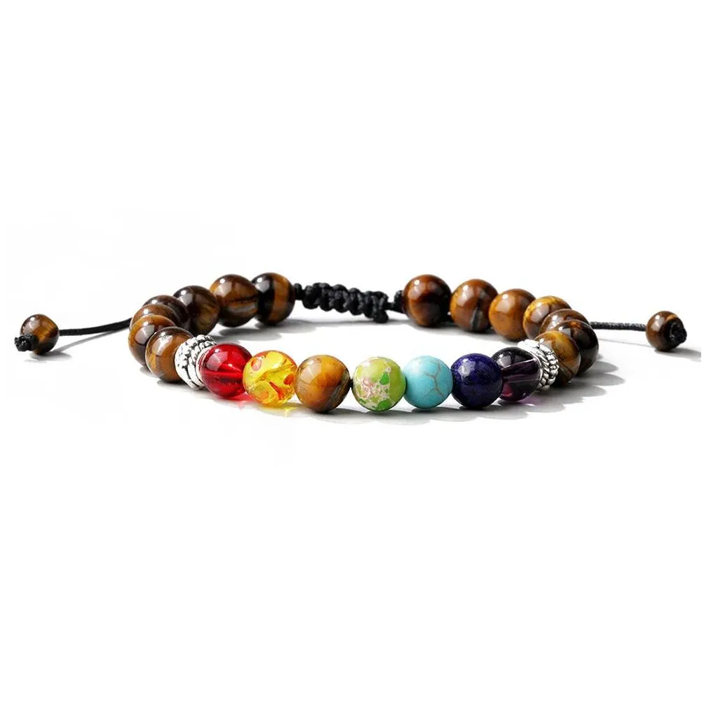 tiger eye beaded bracelet adjustable 8mm strands for yoga healing balance - mens and womens 7 chakra jewelry