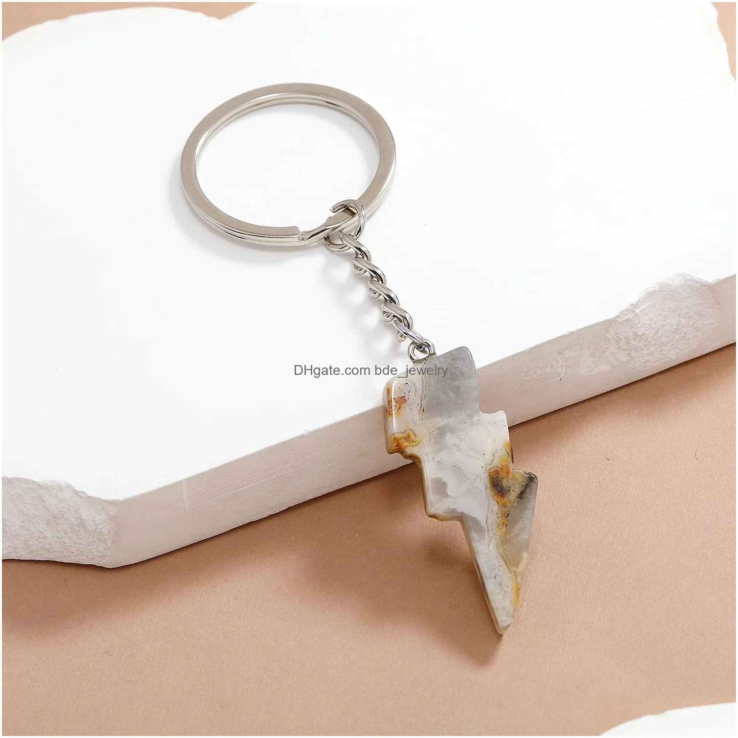 punk lightning shape pendant key ring opal crystal natural stone gem keychain for women men personality accessories